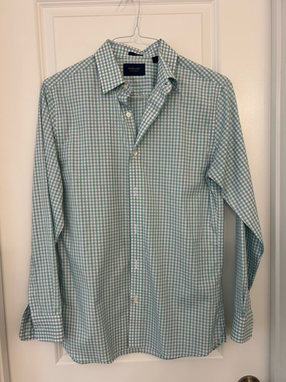 Fairlane Slim Fit Non-Iron Stretch Button Down Shirt Green Blue Check Small